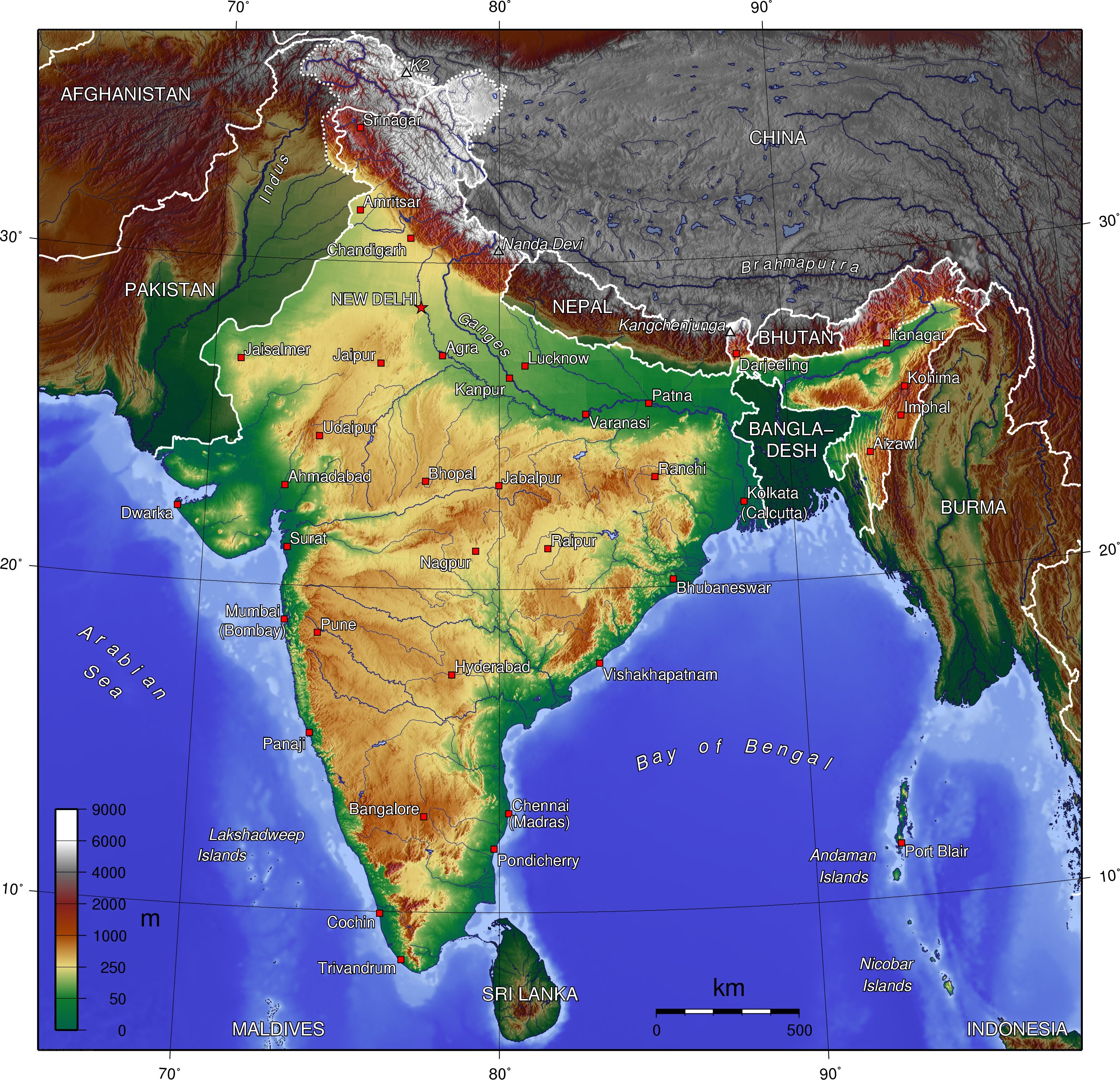 Topographic map of India