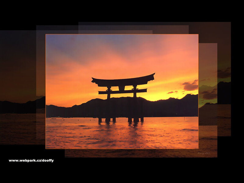 Torii Gate at Sunset — Orange, Serene, Photograph, Mountains