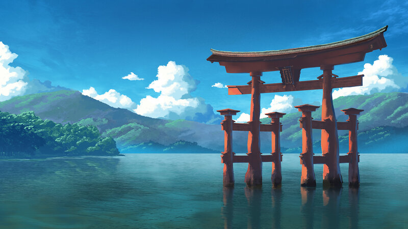 Torii Gate in Water — Blue, Serene, Afternoon