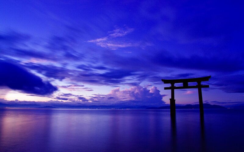 Torii Gate in Water — Blue, Serene, Night