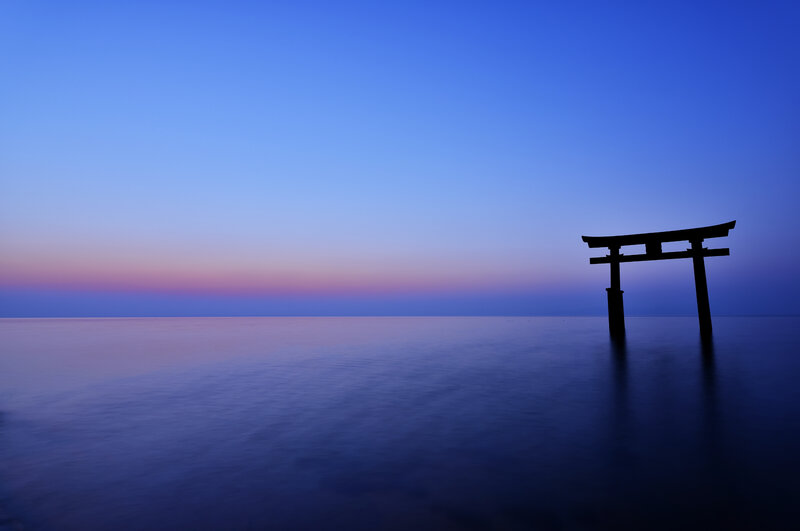 Torii Gate in Water — Blue, Serene, Sunset, Photograph, Sea, Sky
