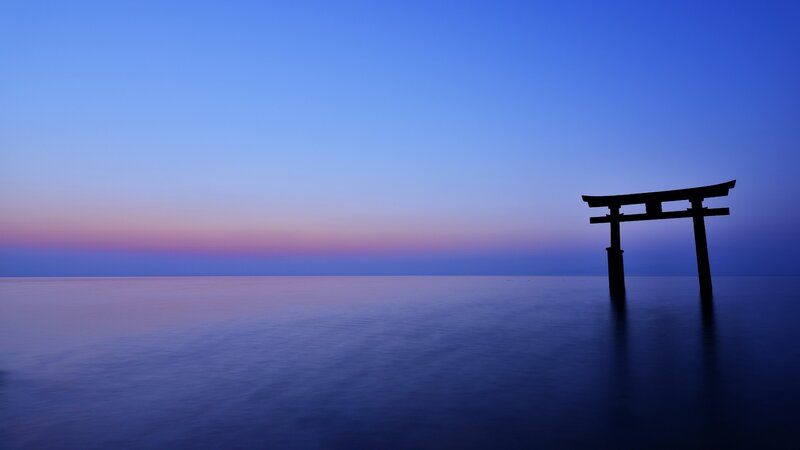 Torii Gate in Water — Blue, Serene, Sunset, Photograph