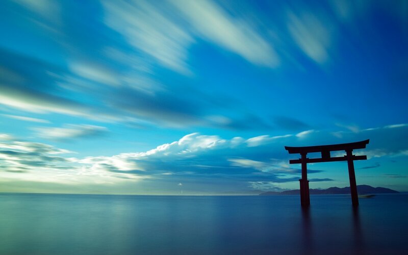 Torii Gate in Water — Blue, Serene, Sunset