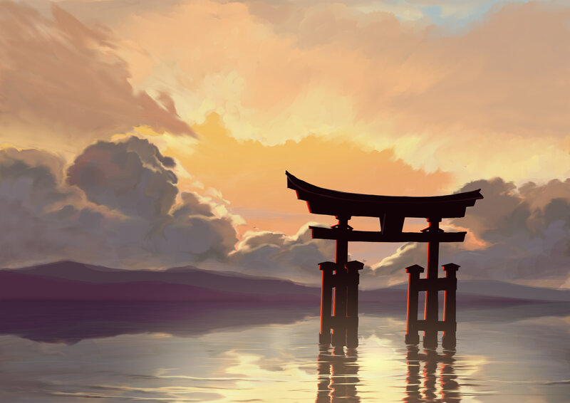Torii Gate in Water — Orange, Serene, Sunset