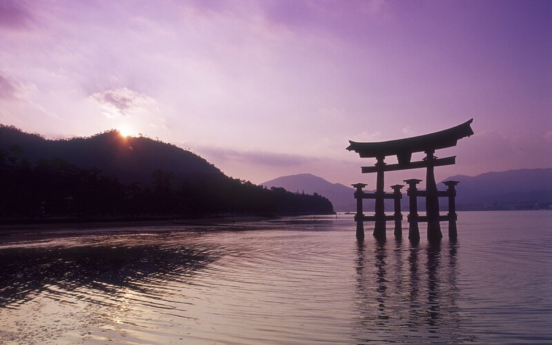 Torii Gate in Water — Purple, Serene, Sunrise