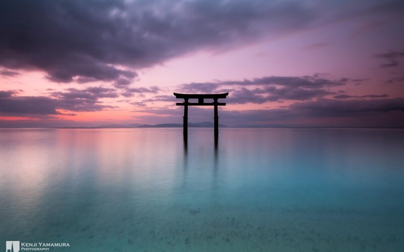 Torii Gate in Water — Purple, Serene, Sunset