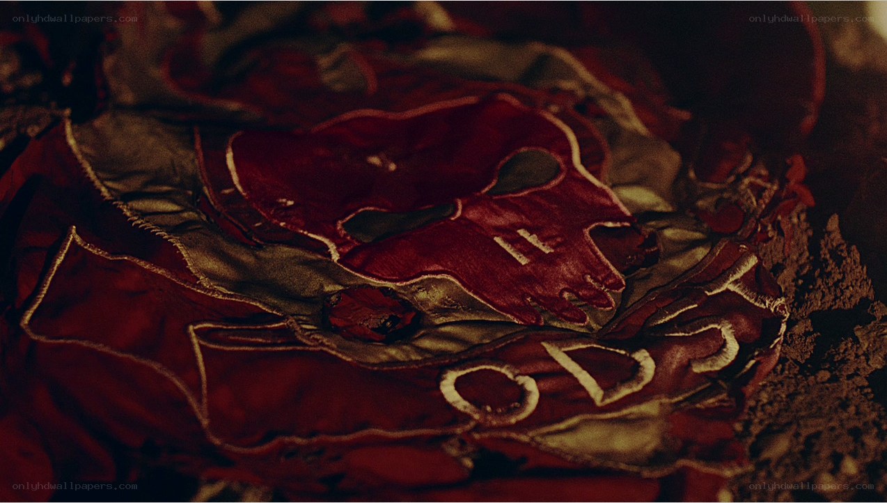 torn red fabric with skull design