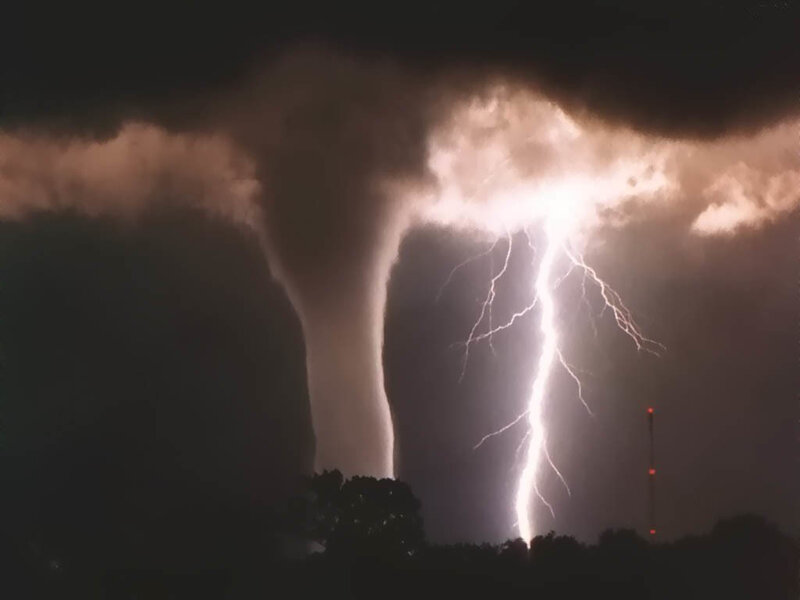 Tornado and Lightning — Black, Dramatic, Night, Photograph, Storm Clouds, Trees, Tower