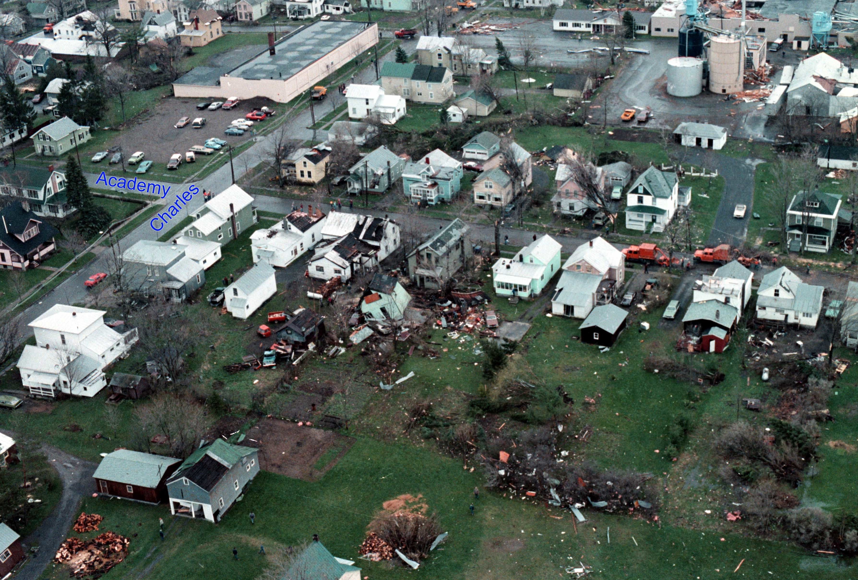 Tornado damage in a residential area