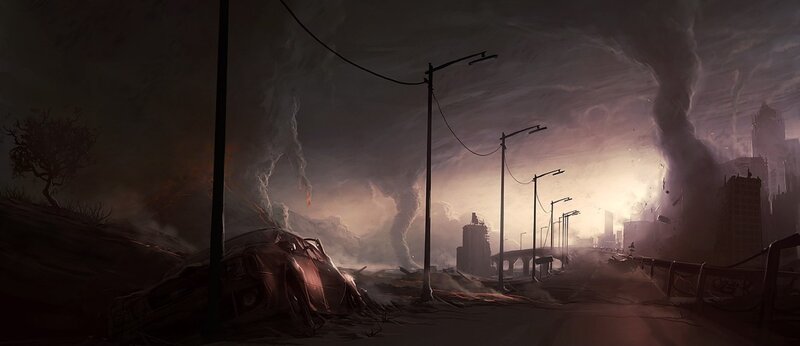 Tornado Destroying City — Gray
