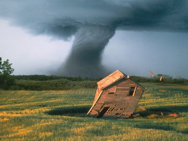 Tornado Destroying House — Green, Dramatic, Afternoon, Photograph, Field, Trees