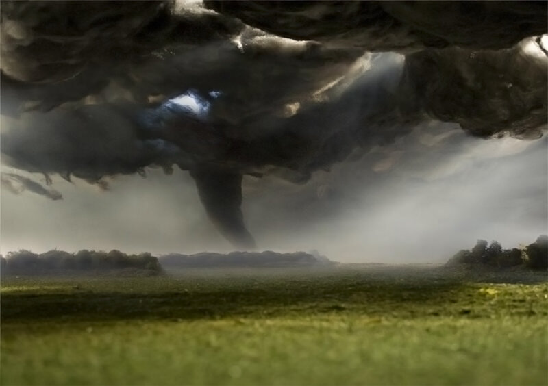 Tornado over a green field