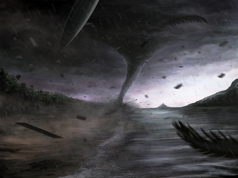 Tornado over coastal landscape