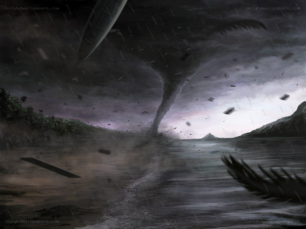 Tornado over coastal landscape