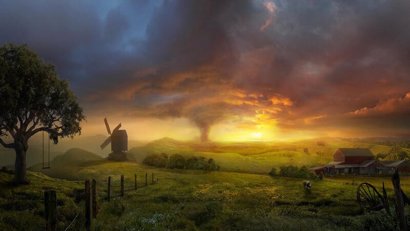 Tornado over Farm — Green, Dramatic, Sunset, Digital Art