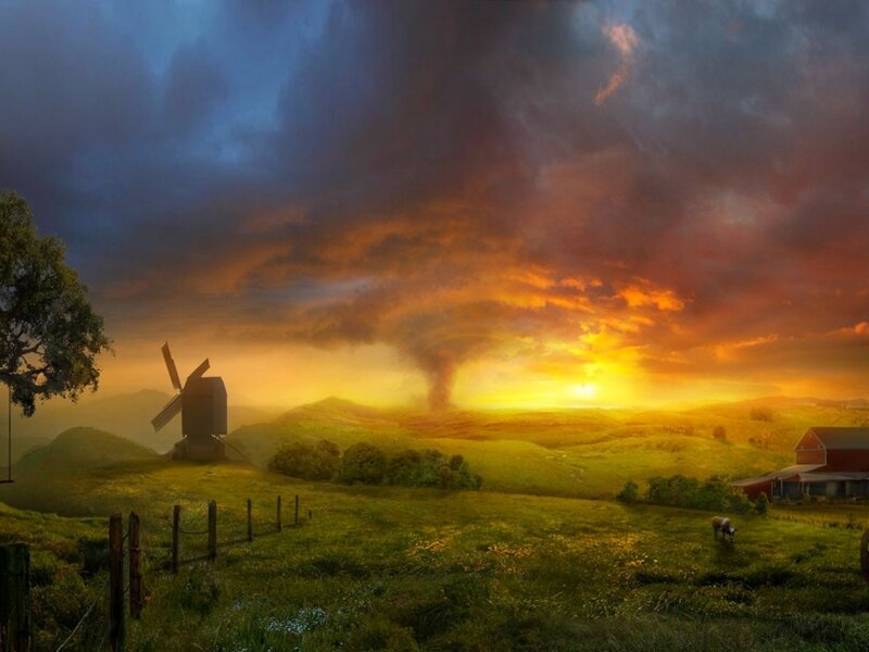 Tornado over Farm — Green, Dramatic