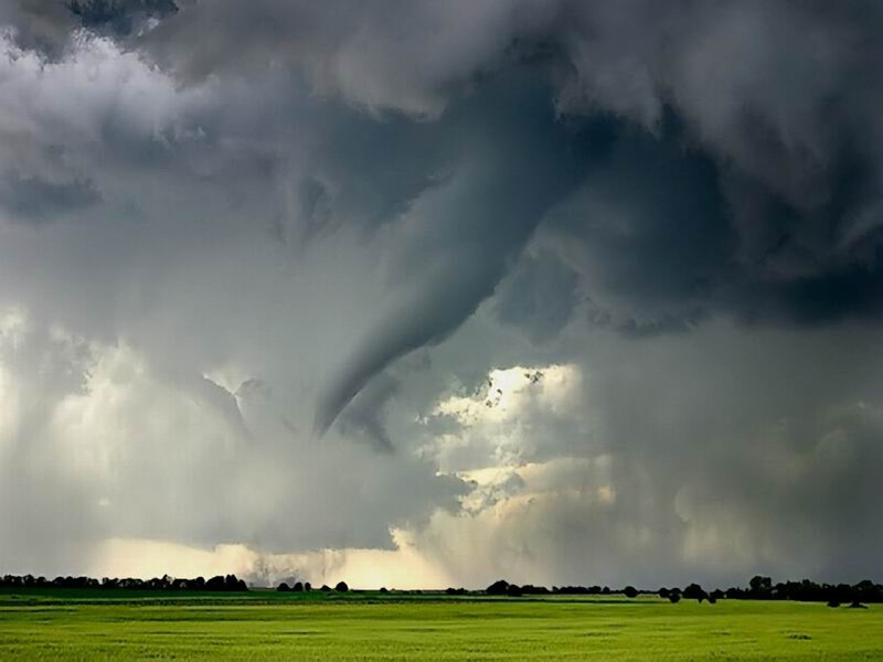 Tornado over Field — Green, Dramatic, Afternoon, Photograph, Clouds, Trees, Gray