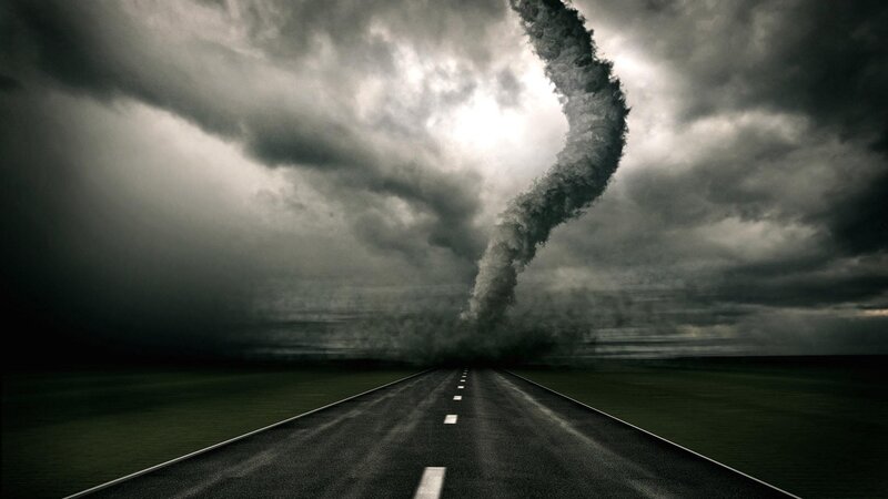 Tornado over Highway — Gray, Dramatic, Night