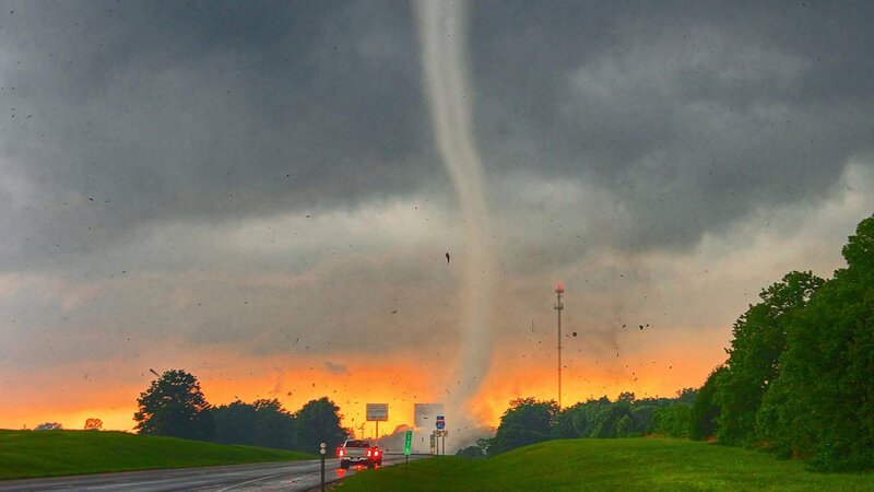 Tornado over Highway — Gray, Dramatic, Sunset