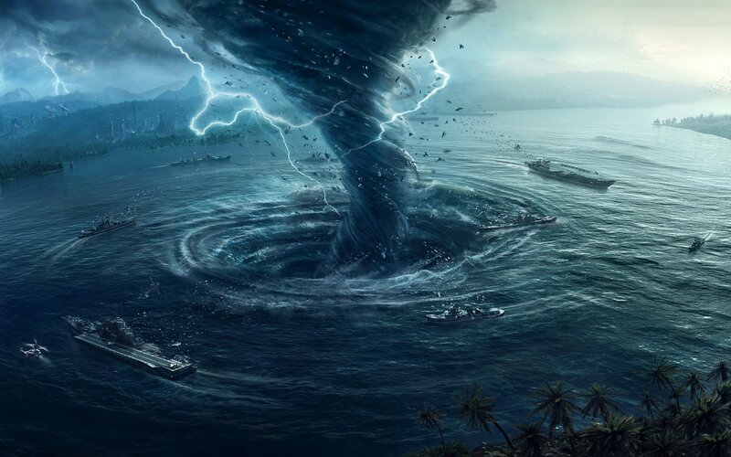 Tornado over Ocean — Blue, Dramatic, Night