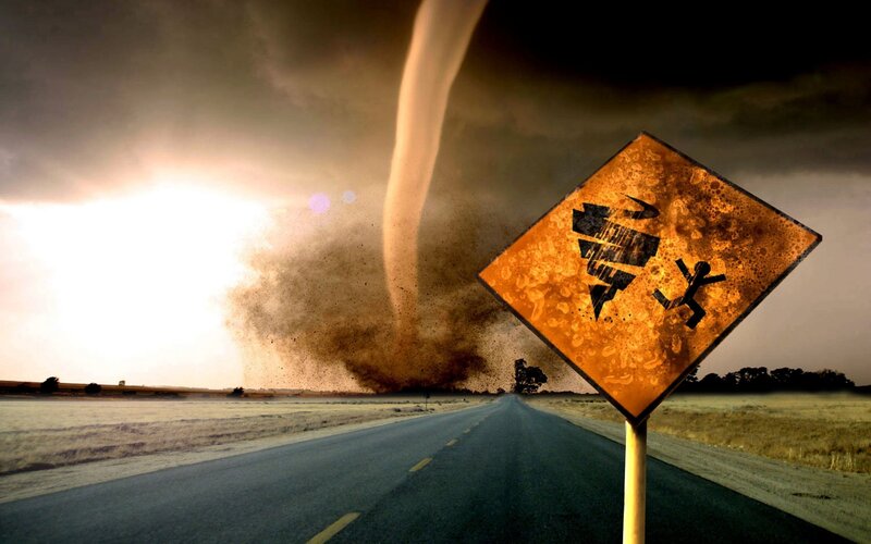 Tornado over Road — Brown, Dramatic, Sunset, Photograph, Sign, Storm