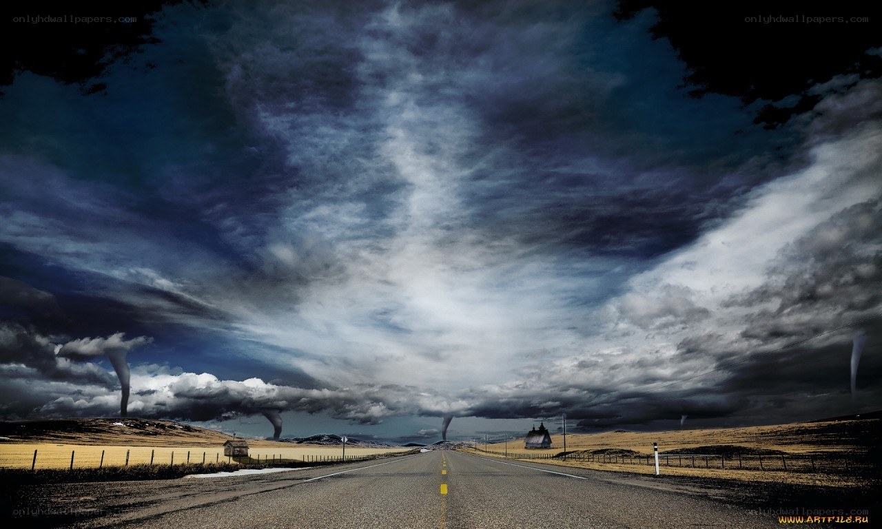 Tornadoes over a rural road