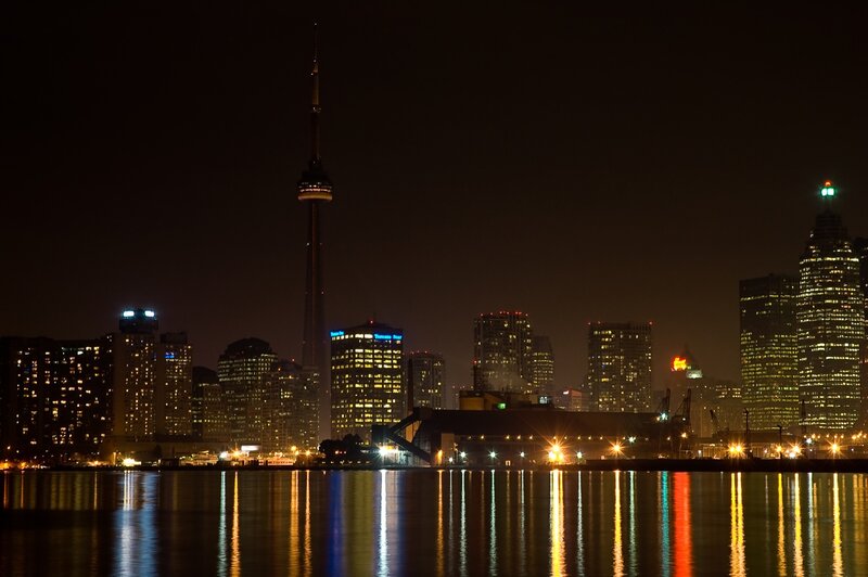 Toronto Skyline at Night — Black, Calm, Photograph, Cn Tower
