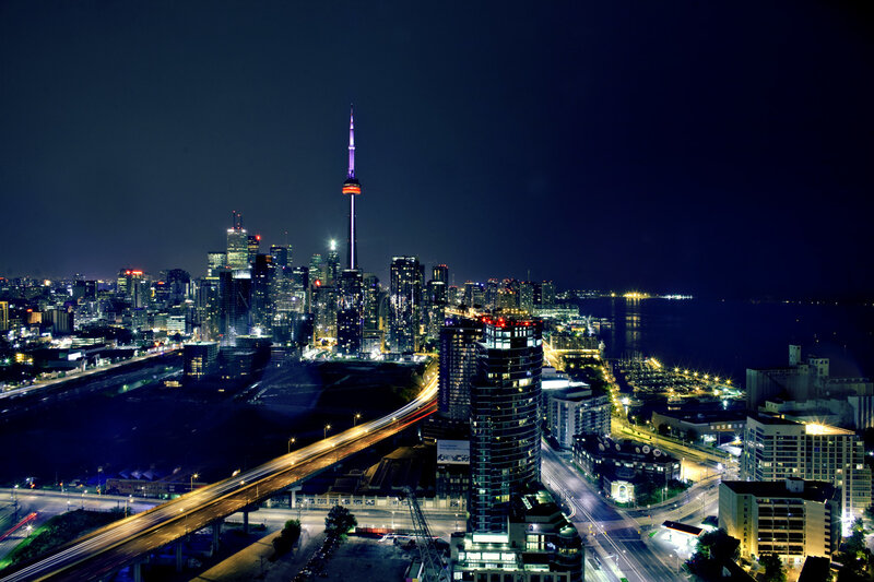 Toronto Skyline at Night — Black, Dramatic, Photograph, Cn Tower, Highway