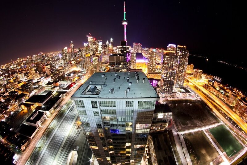 Toronto Skyline at Night — Black, Dramatic, Photograph, Cn Tower, Skyscrapers, Highway