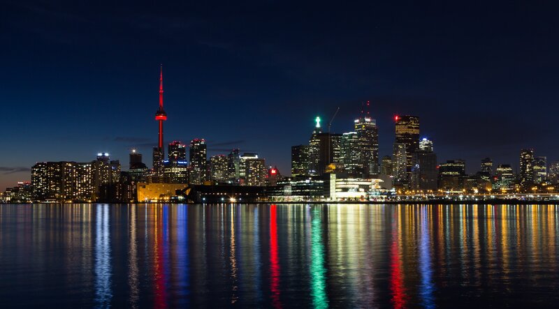 Toronto Skyline at Night — Blue, Calm, Photograph, Cn Tower, Buildings