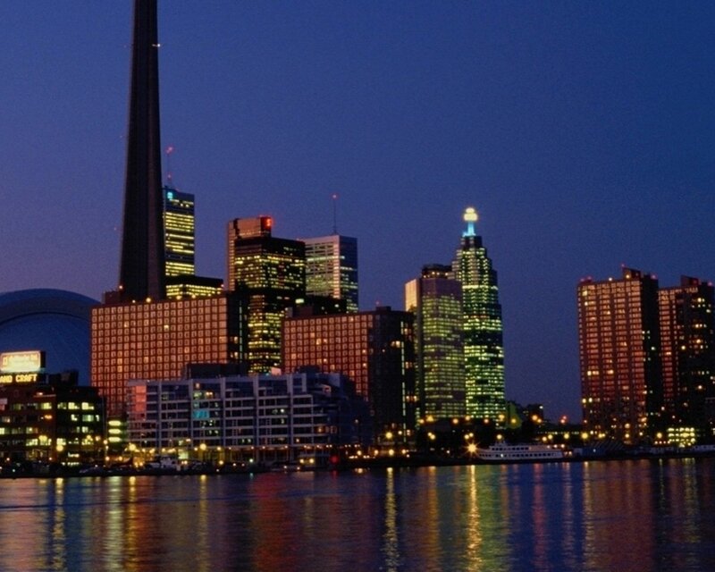 Toronto Skyline at Night — Blue, Calm, Photograph, Cn Tower, Buildings, Water