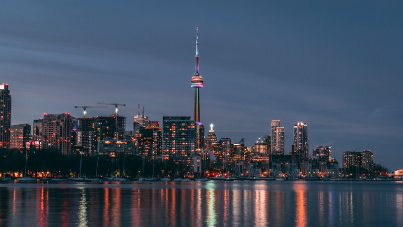 Toronto Skyline at Night — Blue, Calm, Photograph, Cn Tower, Skyscrapers