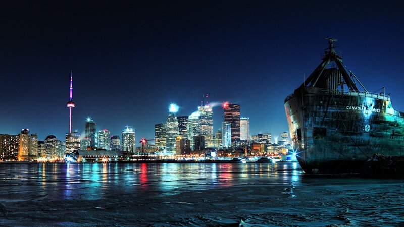 Toronto Skyline at Night — Blue, Dramatic, Photograph, Cn Tower, Shipwreck