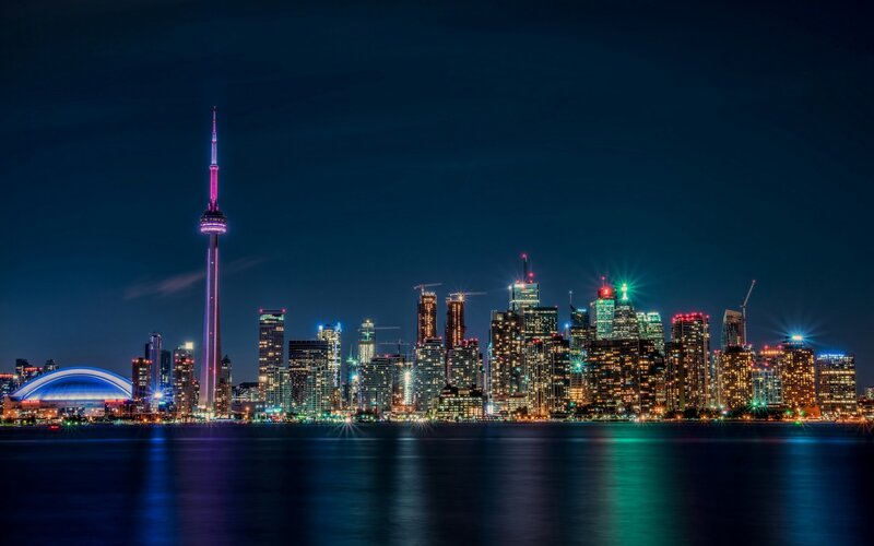 Toronto Skyline at Night — Blue, Dramatic, Photograph, Cn Tower