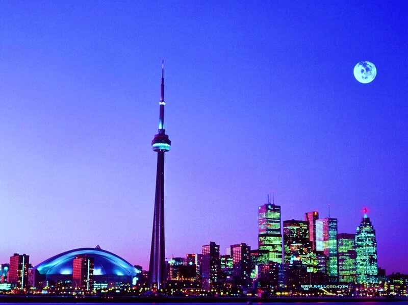 Toronto Skyline at Night — Blue, Serene, Photograph, Cn Tower, Moon