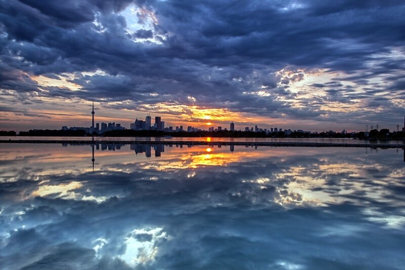 Toronto Skyline at Sunset — Blue, Dramatic, Photograph, Clouds, Water, Reflection, Orange