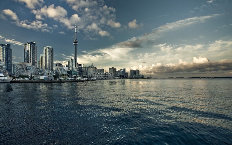 Toronto Skyline — Blue, Dramatic, Afternoon, Photograph, Cn Tower, Skyscrapers, Water