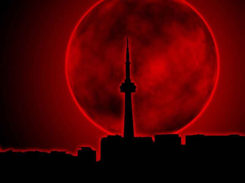 Toronto skyline with red moon