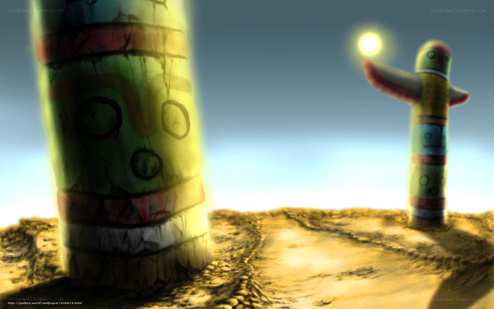 Totem figures in desert landscape