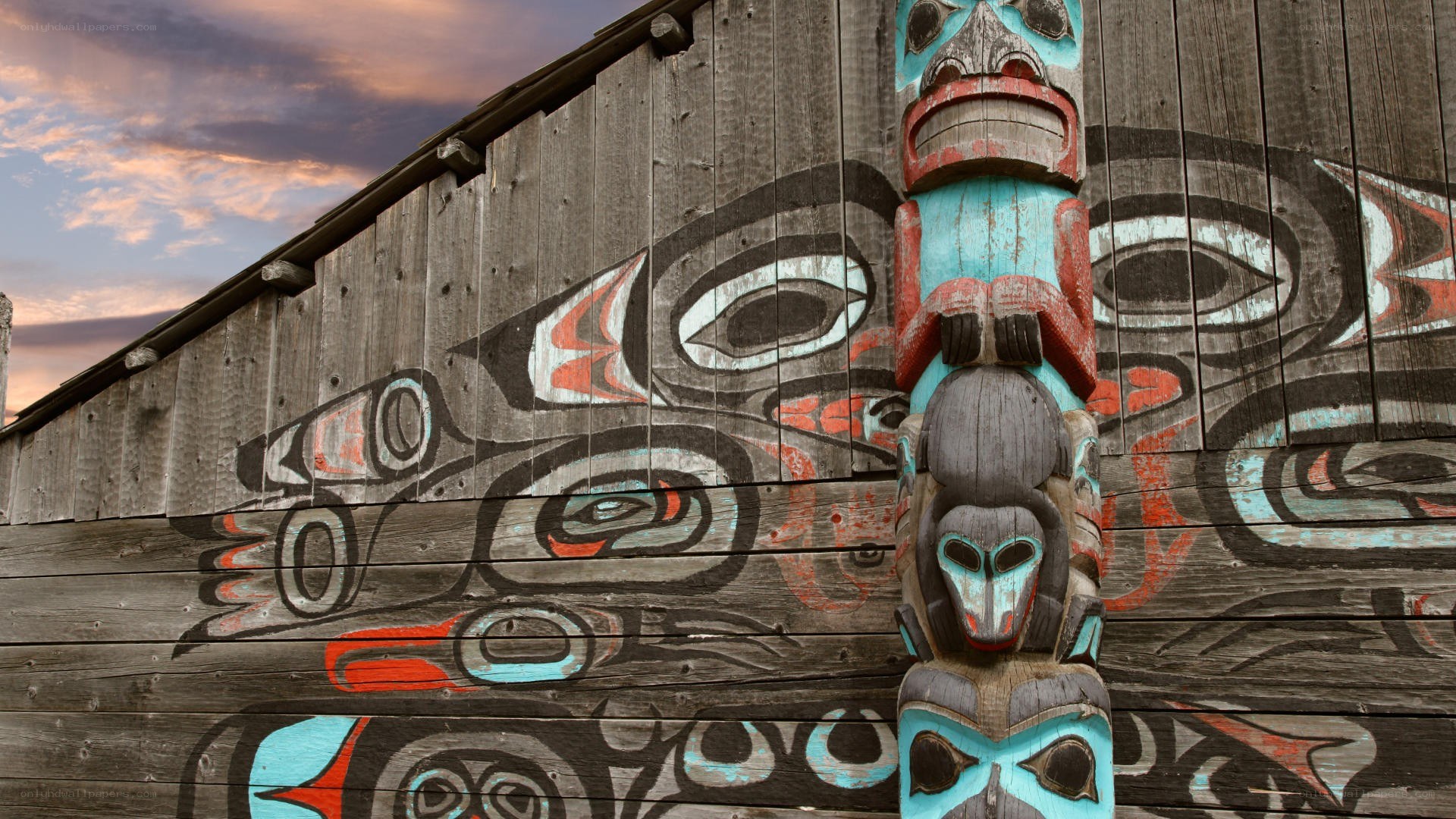 Totem pole and painted wall