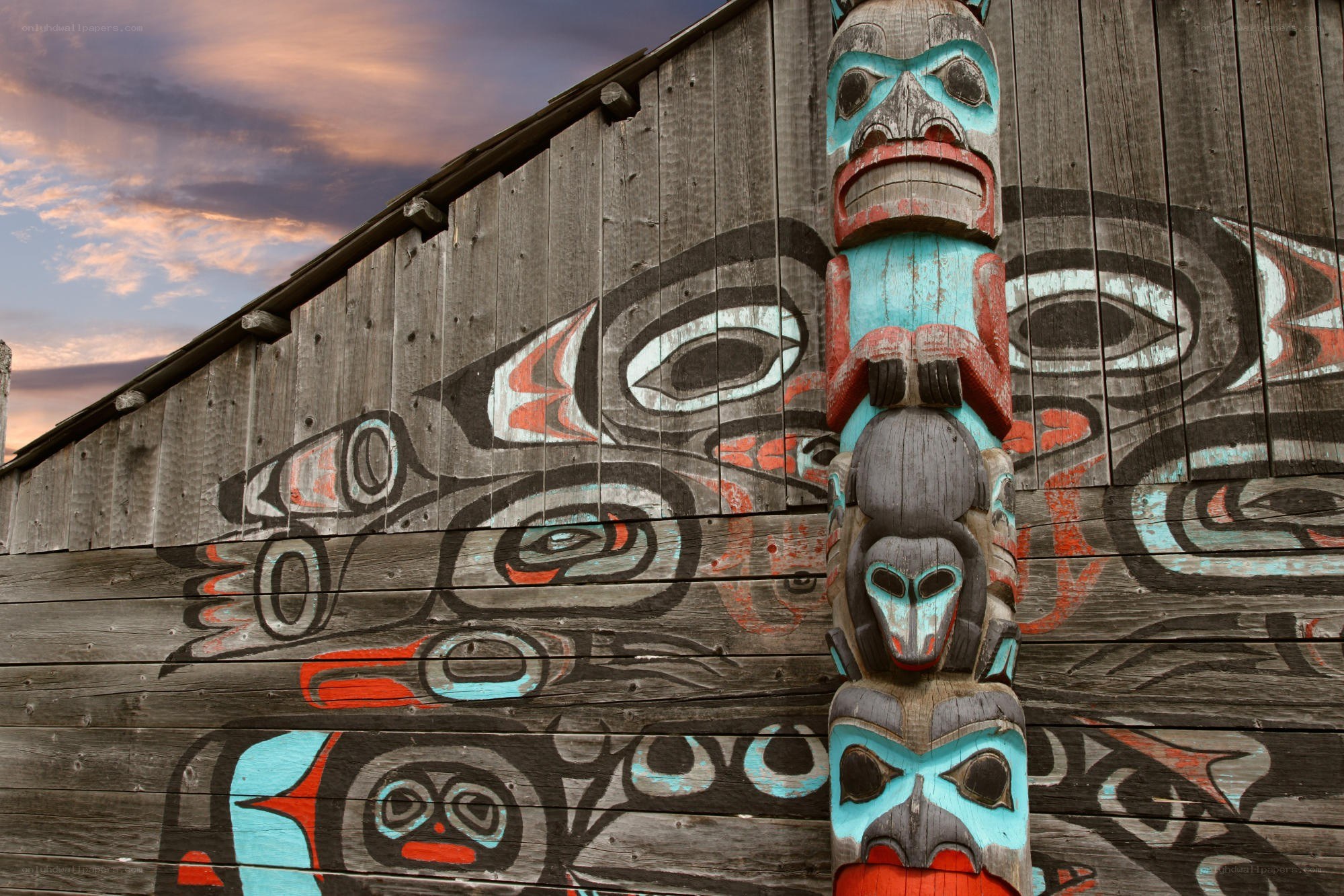 Totem pole and painted wall