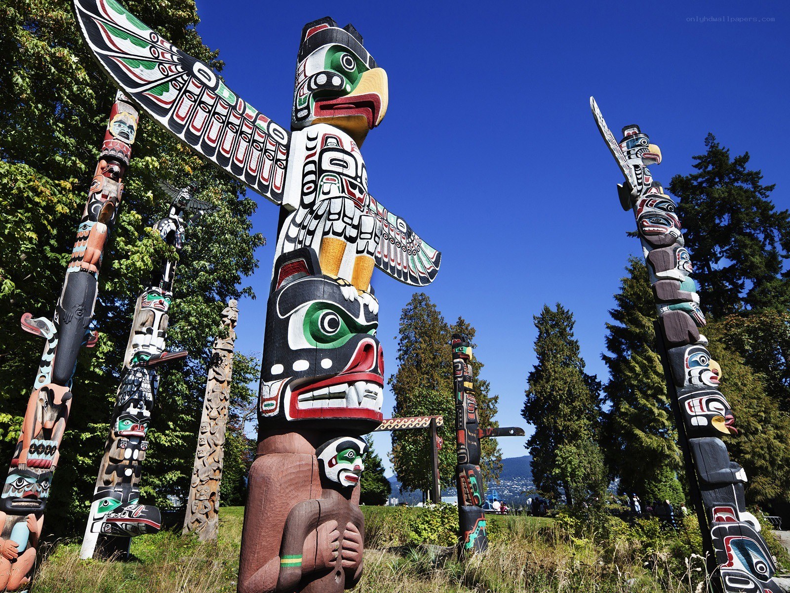 Totem poles in a park