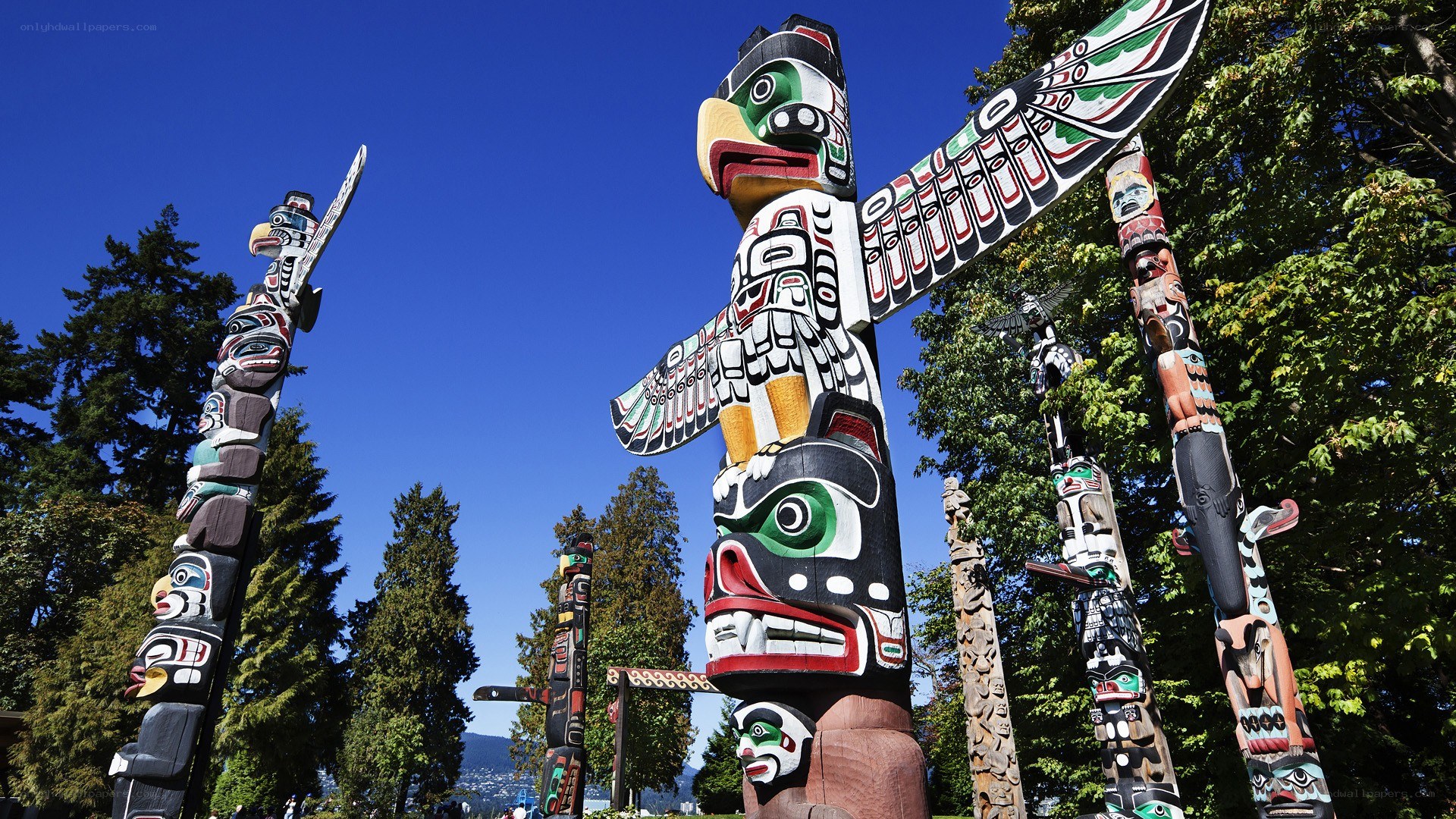 Totem poles in a park
