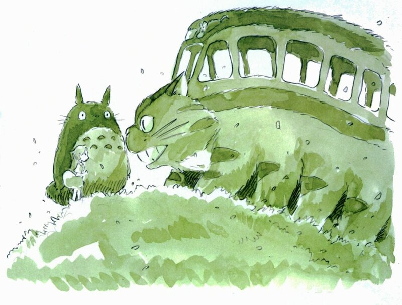 Totoro and Catbus in the grass