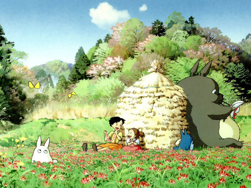 Totoro and children in a flower field