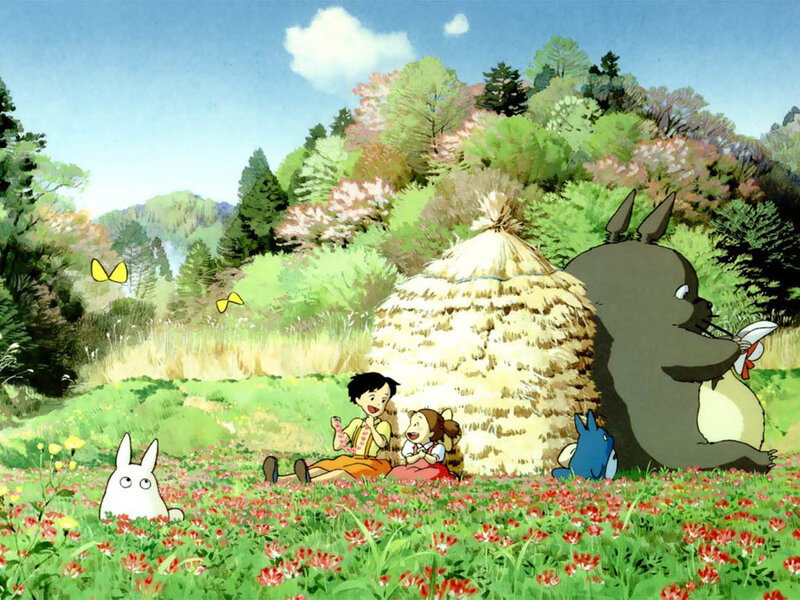 Totoro and children in a flower field