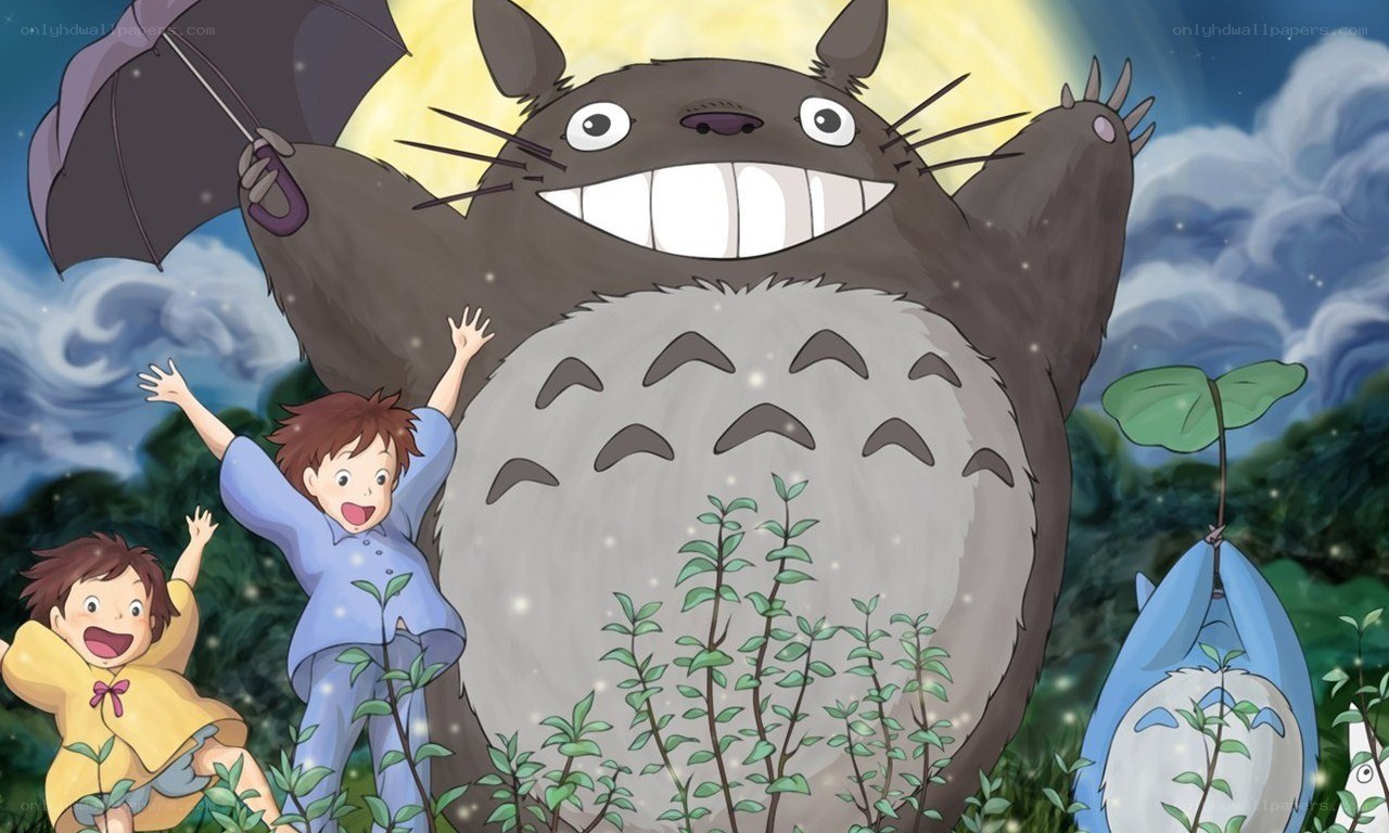 Totoro and children in moonlight