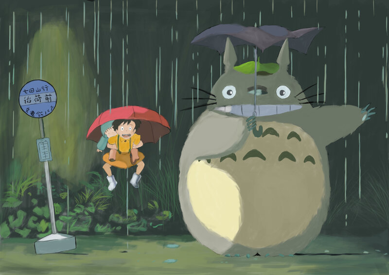 Totoro and children in the rain