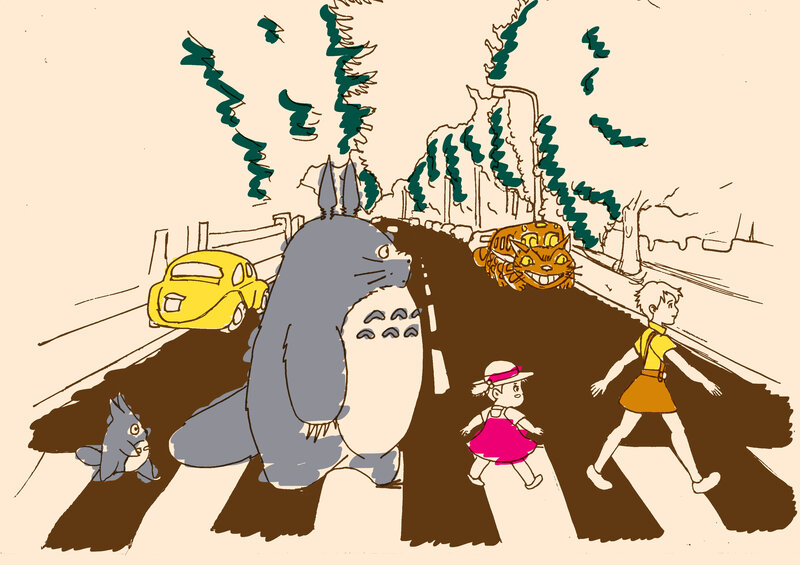 Totoro and friends crossing the street