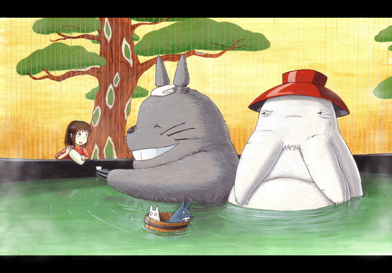 Totoro and friends in a hot spring